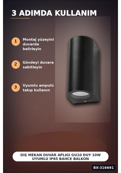 Dış Mekan Duvar Apligi Gu10 Duy 10w Uyumlu Ip65 Bahce Balkon Aplik Kasasi 1 Adet Bx-316691 Diğer