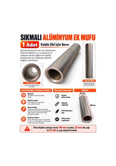 Tamer 240mm2 240 Lık Sıkmalı Alüminyum Ek Mufu Alümiyum Kablo Eki İçin Boru