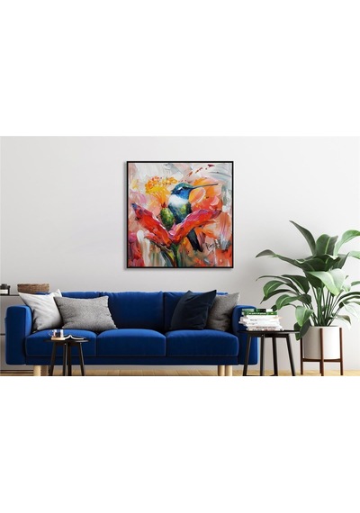 Yağlı Boya Dokulu Tablo Modern Renkli Sinek Kuşu Siyah Çerçeveli U04028-178942