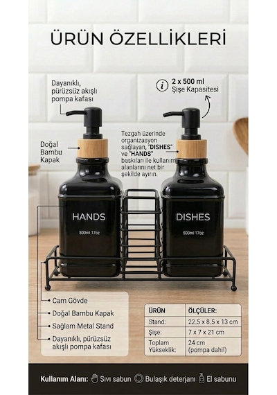 Makri Home Stantlı Bambu Kapaklı İkili Cam Sıvı Sabunluk & Deterjanlık Seti 2 500 Ml, 22,5 8,5 24 Cm Siyah