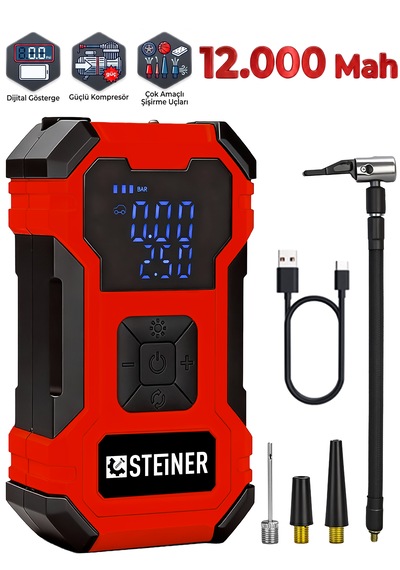 Steiner 12.000 Mah Dijital Ekranlı Kablosuz Lastik Hava Pompası Şarjlı Hava Kompresörü Powerbank Led Işık Kırmızı