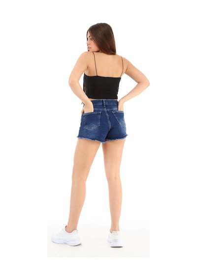 Cedy Denim Kadın Yüksek Bel Yırtlıklı Ve Yıpratmalı Paçası Püsküllü Kot Şort Mini Jean Şort C603 Lacivert
