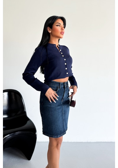 HLT Jeans Kadın Koyu Mavi Yıkamalı Regular Fit Yüksek Bel Orta Boy Likralı Denim Kot Etek Alice-4006