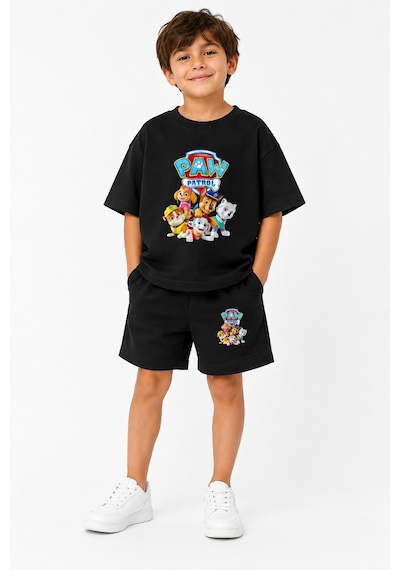 Fasardi Paw Patrol Baskılı Oversize %100 Pamuk Tişört Şort Çocuk 2li Takım Siyah