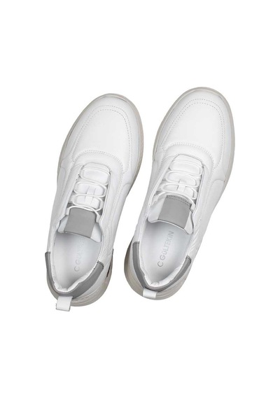 Erkek Beyaz Bağcıklı Kalın Tabanlı Deri Sneaker