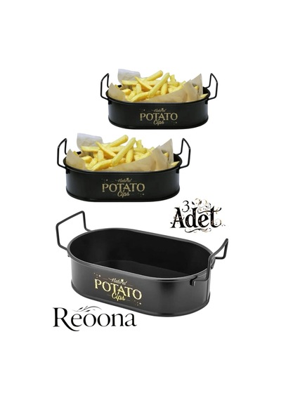 Patato Mini Oval Patates & Cips Sunumluk 21 Cm 3 Adet Siyah Siyah