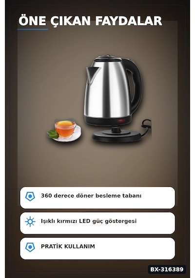 Paslanmaz Çelik Su Isıtıcı Kettle 1.8 Litre Otomatik Kapanan Gizli Rezistans Inox Bx-316389