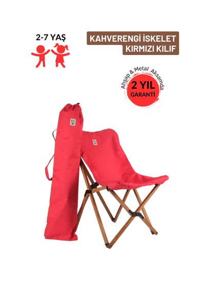 Bag The Joy Kids Ahşap Katlanır Kamp Sandalyesi Kahverengi İskelet - Kırmızı