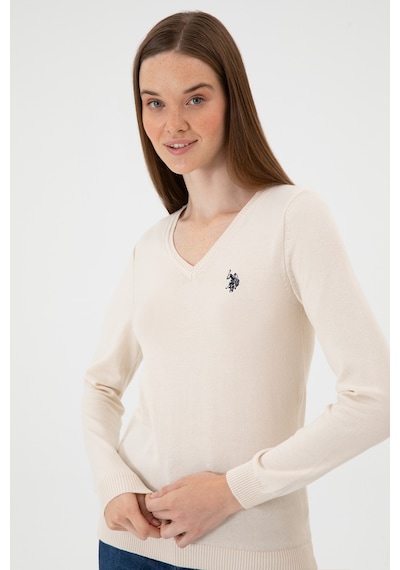 U.S. Polo Assn. Kadın Krem Melanj V Yaka Basic Kazak 50313590-VR159