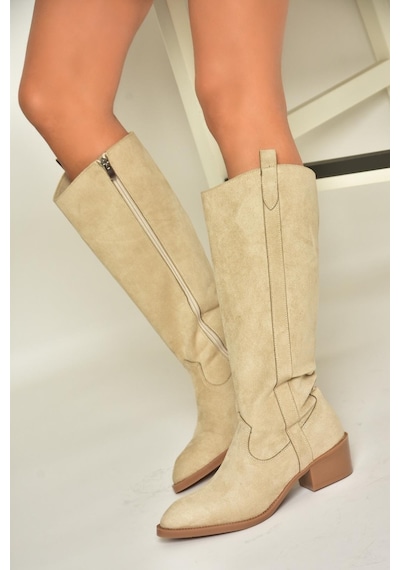 Fox Shoes T480142802 Ten Süet Alçak Topuklu Kadın Çizme Ten