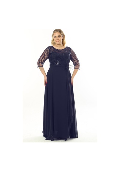 Ladies First Büyük Beden 3855 Lacivert Uzun Abiye Elbise 001