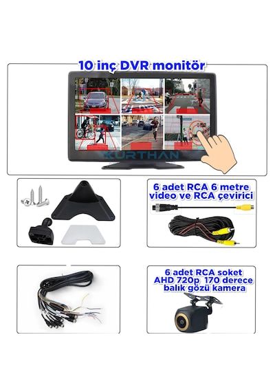 170'' Balık Gözü Ahd 720p Rca Kamera 6 Kanallı 10 İnç Dokunmatik Usb Bsd Dvr Ekran 12 Volt