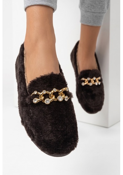 Nmoda Kadın Peluş Panduf Gold Zincir Taşlı Aksesuarlı Kapalı Loafer Yumuşak Tabanlı Kışlık Rahat Babet Kahverengi