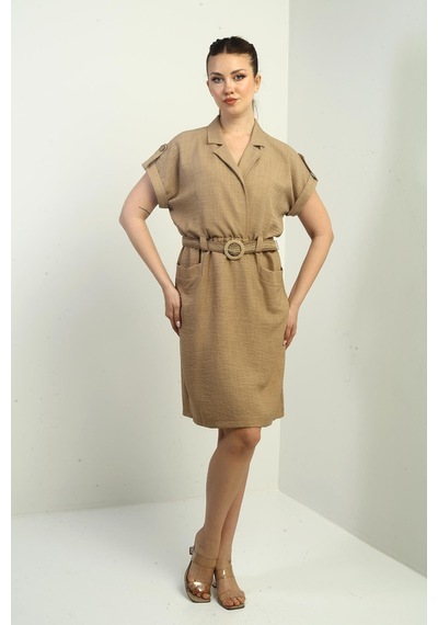 By Saygı Kadın Torba Cepli Beli Kemerli Elbise-40411 Camel