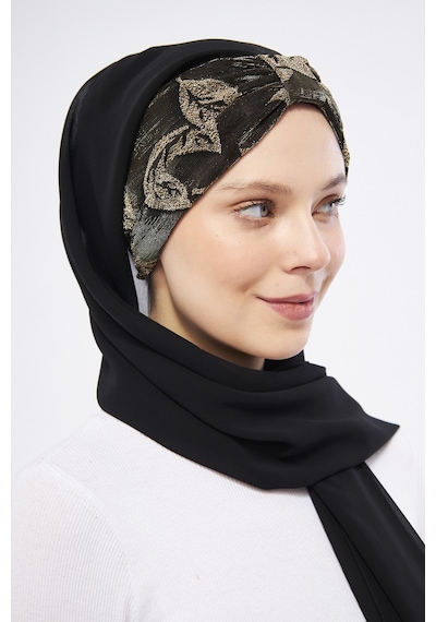 Hürrem Bone Siyah Simli Arkadan Bağlamalı Şal Şifon Çiçek Desenli 2318 01