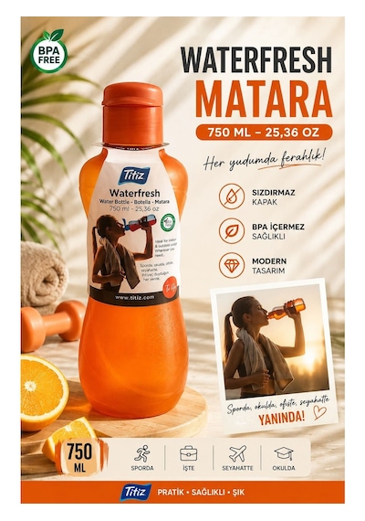 Renkli Suluk Matara 750 Ml Kokusuz Suluk, Okul Suluğu, Spor Suluğu, Plastik Suluk Turuncu