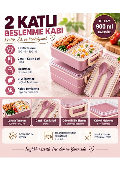 2 Katlı Bölmeli Sefer Tası / Beslenme Kabı 900ml - Kaşık Çatal Setli, Sızdırmaz Ve Bpa İçermez Pembe