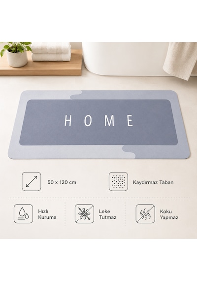 Kauçuk Kaymaz Tabanlı Ultra Emici Banyo Paspası 50x120 Cm Hızlı Kuruyan Paspas Gri