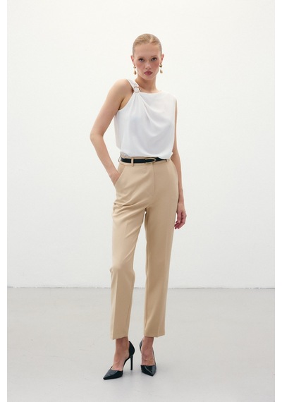 Sateen Kemerli Pantolon - Koyu Bej-136320 Koyu Bej