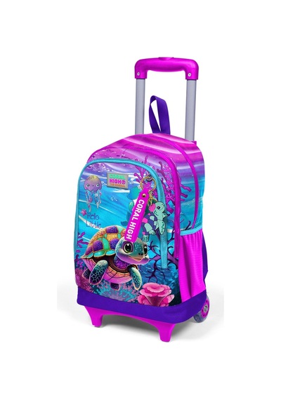 Coral High Kids Pembe Mor Kaplumbağa Desenli Üç Bölmeli Çekçekli Okul Sırt Çantası 23956