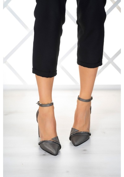 Erkan Saçmacı Samira Antrasit Saten Taşlı Şeffaf Tasarımlı Ayakkabı