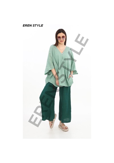 Eren Style Bohem Kuruvaze Tek Düğmeli Keten Bluz-9884 Su Yeşili