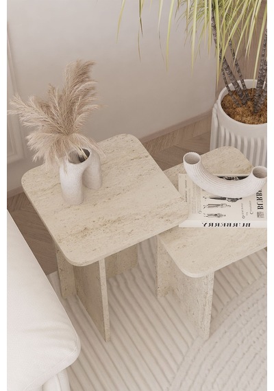 Kare Zigon Sehpa Takımı, 2 Li Set, Yan Sehpa - Traverten Desen