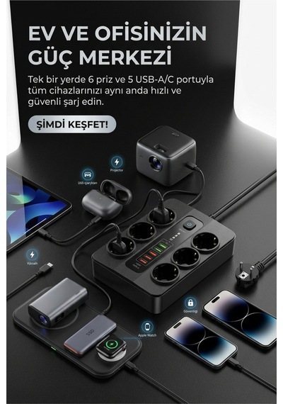 Termal Akım Korumalı 3000w 6 Lı Priz 2m Kablo 5 Usb + 1 Type-c Pd Hızlı Şarj - 936827116