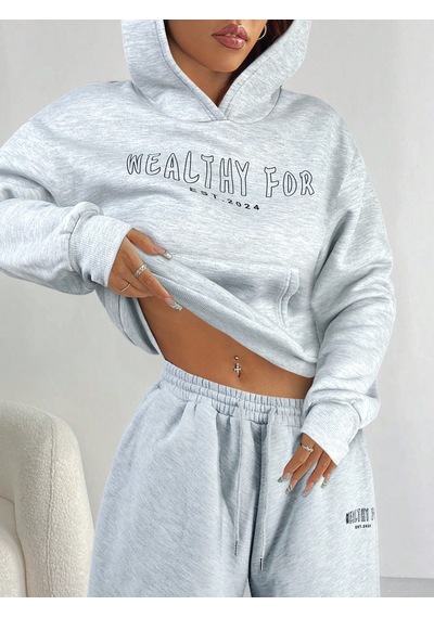 Macklin Unisex Kadın Erkek Healty For Baskılı Oversize 3 İplik Kapüşonlu Sweatshirt Ve Baggy Eşofman Altı Gri Melanj