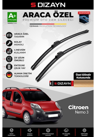 S-dizayn Citroen Nemo Ön Cam Silecek Seti 2008 Üzeri Premium Araca Özel 65-48 Cm A+ Kalite