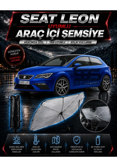 Seat Leon Araç Ön Cam Güneşliği Katlanabilir Şemsiye Oto Güneşlik Uv Korumalı Gölgelik Araba Oto Şemsiyesi