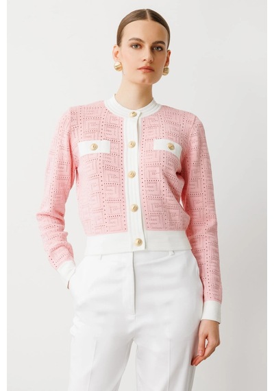 On Fashion Kadın Önü Gold Düğmeli Sıfır Yaka Pembe Hırka 53900 Pembe