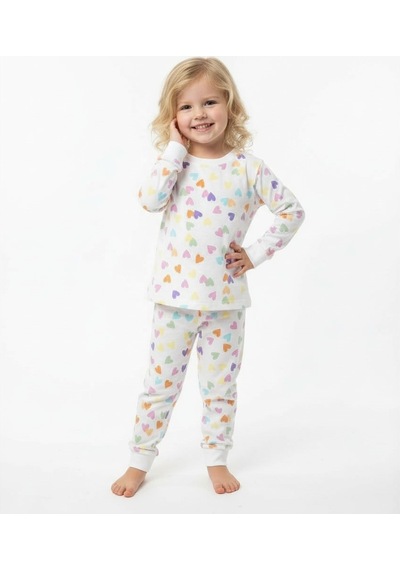 Kalp Desenli Kız Çocuk Pijama Takım St09656 KREM