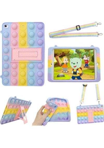 Apple Uyumlu iPad 9.7 Inç 5. Nesil Kılıf Popit Çocuk Tablet Standlı Askılı Gökkuşağı Renkli Kapak Kılıf