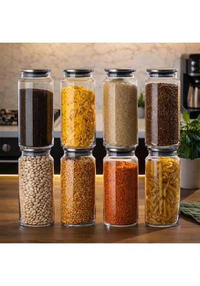 Porsima 4401 Bormio Metal Kapaklı 8li Cam Kavanoz Seti Vakum Kapaklı Saklama Düzenleme Kabı Seti 1400ml Şeffaf