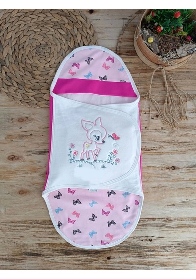 Yenidoğan İlk Baharın Ceylanı Nakışlı Çıt Çıt Kapama Bebek Kundak Pembe