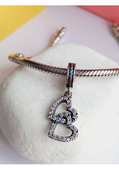Gümüş Bileklik Uyumlu İkili Kalp Charm