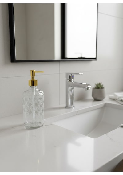Cam Sıvı Sabunluk 750 Ml Banyo & Mutfak İçin Şık Cam Sabun Dispanseri Altın