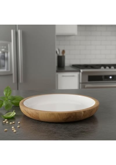 Mango Ağacı Pasta Tabağı - İçi Krem Emaye Enamel Kaplama 20 Cm Tatlı, Meyve Ve Kahvaltı Tabağı - Leke Tutmaz Ahşap Sunum Yükseklik: 2 Cm Açık Gri
