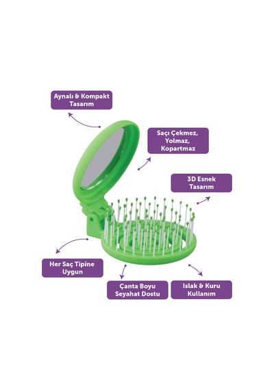 Beauty Makaron X Sw. Smiley Saç Fırçası - 3d Esnek, Aynalı, Çanta Boy - Compact Detangler Yeşil