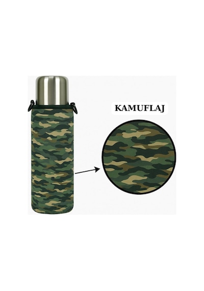 Klasik Kulpsuz 0.75 Lt. İle Uyumlu Omuz Askılı Termos Kılıfı Kamuflaj
