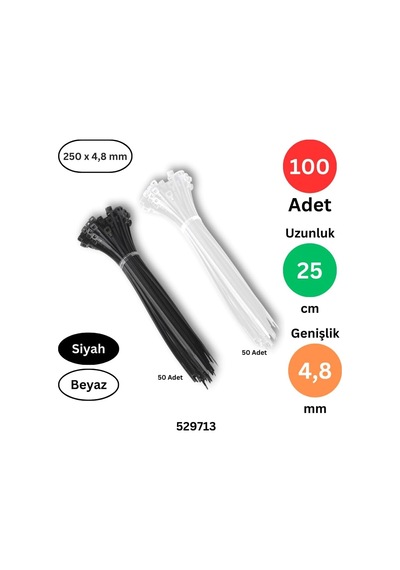 Tr Tek-iş Plastik Kablo Bağı Klipsi Cırt Kelepçe 250 Mm X 4.8 Mm 50 Şer Adet Siyah Beyaz Set Toplam 100 Adet