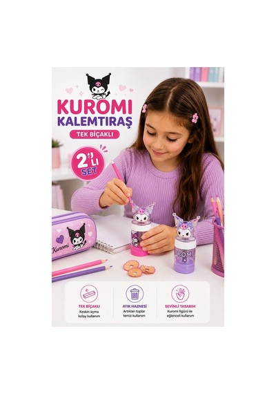 Kuromi Kalemtraş 2 Li Kuromi Figürlü Hazneli Tek Bıçaklı Kalem Açacağı Sevimli Plastik Kalem Traş Çöp Hazneli