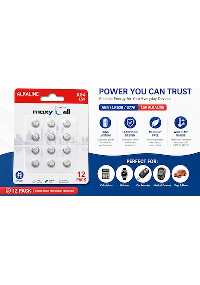 Maxycell 12 Adet Ag4 376 377 Sr626 Sr626sw Lr66 1.5v Düğme Pil, Saat Pili, Çocuklara Dayanıklı Ambalaj, Küçük Elektronik Cihazlar Için,ölçüm Cihazlar