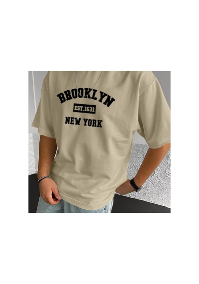 Caddemia Yaz  Moda Rahat Gevşek Spor Brooklyn Desen Baskılı Yuvarlak Boyun Kısa Bej 2XL