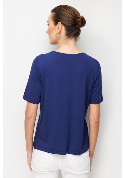 Kadın Sıfır Yaka Yakası Çift Şeritli Taşlı Penye T-shirt Lacivert Lacivert