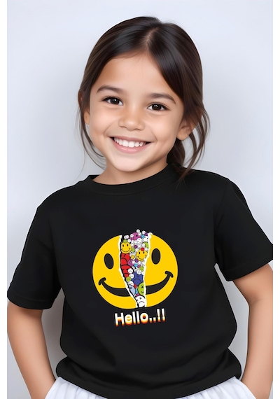 Panios Kids Emoji Baskılı Kız Çocuk Kısa Kollu T-shirt Siyah