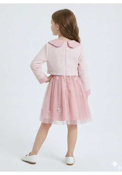 Xo Kids Bebe Yakalı Çiçek İşlemeli Tüllü Fiyonklu Kız Çocuk Elbise 3-8 Yaş 4423 Pembe
