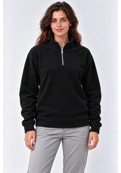 Butik İstanbul Polar Dik Yaka Yarım Fermuarlı Uzun Kollu Regular Fit Kışlık Sweatshirt - Siyah