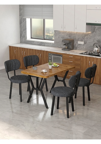 Azra 70x110cm Atlantik Mutfak Masası, Mutfak Masası Takımı, Yemek Masası, 4 Antrasit Sandalye Açık Gri